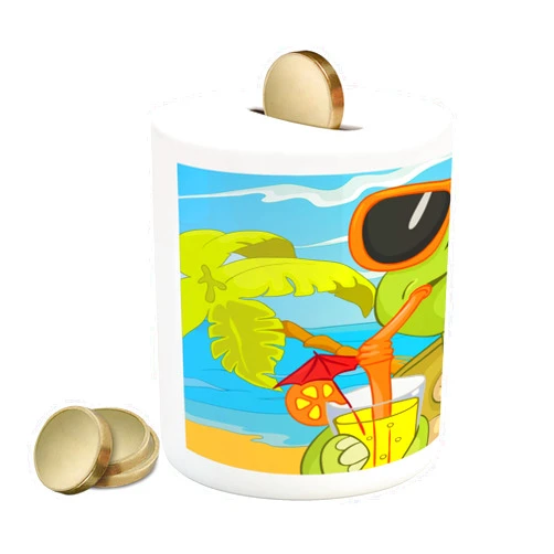 Ambesonne Turtle Piggy Bank, Cool Sea Turtle with Sunglasses Drinking Cocktail at The Beach Cartoon, Printed Ceramic Coin Bank Money Box for Cash Saving, Green Orange Pale Blue