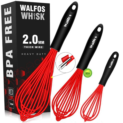 Walfos Whisk,Silicone Whisks- Heat Resistant（480°F） Silicone Whisks for Cooking Non Scratch,BPA free and Dishwasher Safe.Perfect for Blending,Whisking,Beating, Set of 3(Red)