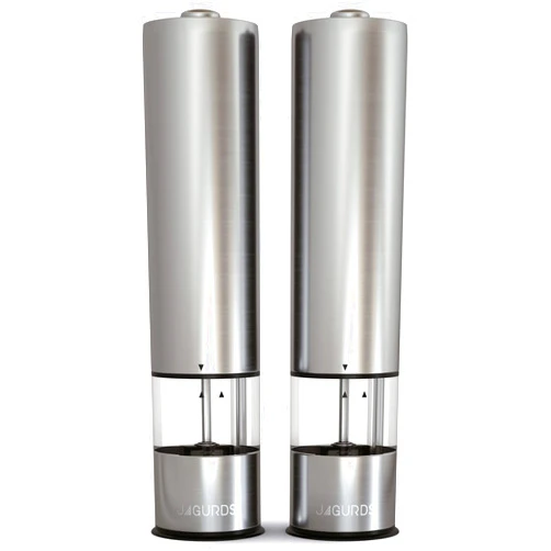 JAGURDS Electric Salt and Pepper Grinder Set - Automatic, Refillable, Battery Operated Stainless Steel Spice Mills with Light - One Handed Push Button Peppercorn Grinders and Sea Salt Mills