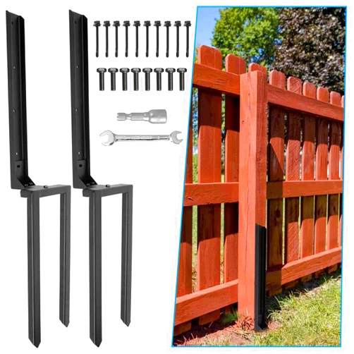Nrspp Heavy Duty Steel Fence Post Repair Stakes, 2 Pcs Fence Post Anchor Double Ground Spike for Repair Tilted/Broken Wood Fence Post
