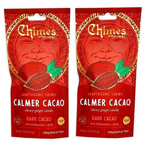 Chimes Calmer Cacao Adaptogen Ginger Chews Candy - (2 Pack With Ashwagandha, Reishi and Dark Cacao with Theobromine) Vegan, Gluten Free…