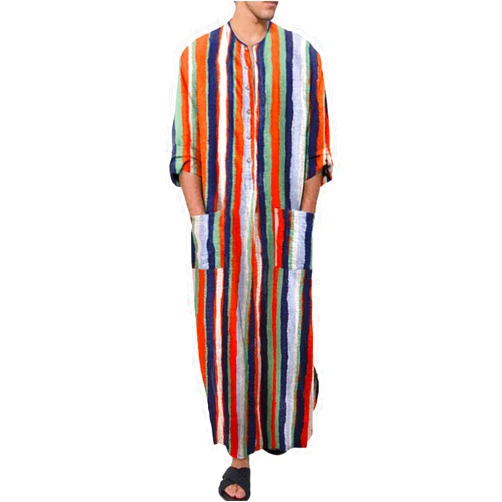 Generic Men's Muslim Robe Casual Ethnic Striped Top Muslim Men's Blouse Men's Muslim Robe Casual Ramadan Jubbah Kaftan Robe