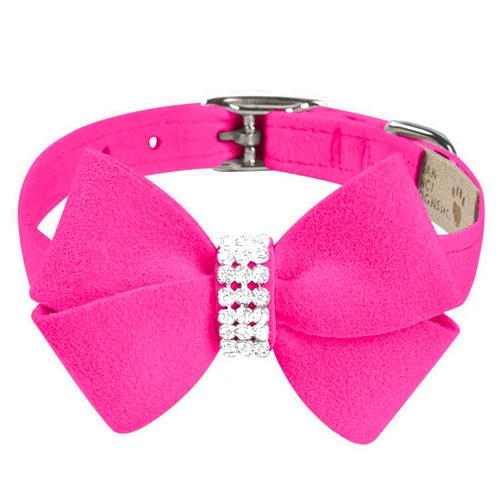Susan Lanci Designs Premium Ultrasuede Nouveau Bow Collar for Dogs, Pink Sapphire, Small