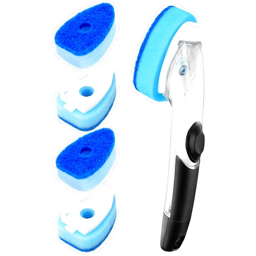 HELIME Non Scratch Dishwand Handle Kit with Refills, 5 Scrub Sponge Heads with Hole, Soap Control Dispenser, Heavy Duty Dish Wand Scrubber Replacement, Dishwashing Brush Packs, Kitchen Cleaning Tools