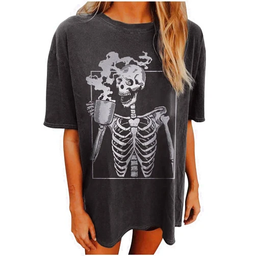 MHTOR Oversized Hot Coffee Skeleton Shirt Women Halloween Skeleton Tshirt Funny Skull Graphic Tees Trendy Casual Loose Blouse