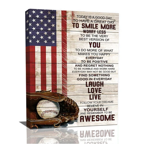 Dollffey Inspirational Baseball Wall Art Sport Theme Pictures Wall Decor American Flag Canvas Prints Framed Modern Motivational Quotes Painting Artwork for Bedroom Office Living Room Bathroom Dining Room