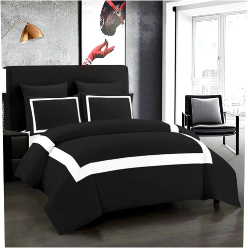 Luxury Linens 5 Piece Full Black and White Border Line Pattern Duvet Cover with Zipper Closure & Corner Ties - Soft and Breathable 100% Egyptian Cotton (Super King-Size)