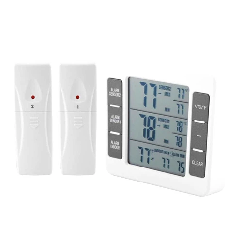 IBetterLife Refrigerator Thermometer, Wireless Indoor Outdoor Digital Thermometer, 2 PCS Remote Sensor Temperature Monitor Gauge with Audible Alarm, Min/Max Record for Home Fridge Freezer (Battery not Included) Wireless Digital Thermometer with 2 Pack Remote Sensor Transmitters for Indoor Outdoor