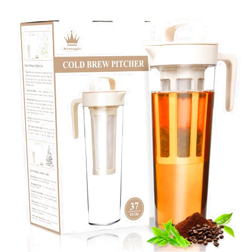 Almagic Iced Tea Pitcher, Cold Brew Coffee Maker – 37 Fl Oz BPA-Free PP Pitcher with Durable Mesh Filter, Leak-Proof Cap, Comfortable Handle – Perfect for Fridge Side Door Storage & Ice Drinks