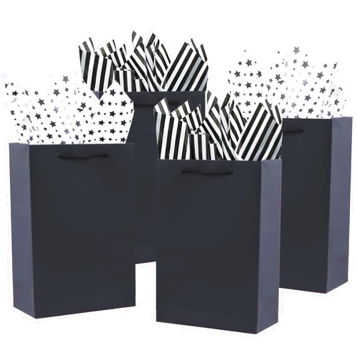 OfficeCastle 4 Pack Black Gift Bags with Tissue Paper, Medium to Large Gift Bags for Men, 8x4x11in/20x10x28 cm, Black Paper Bags with Handles