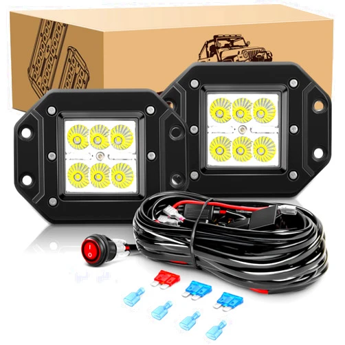 GOOACC Led Light Bar 2 PCS 18W Flood Led Pods LED Work Light Flush Mount Backup Fog Lights Driving Lamp with Off Road Wiring Harness kit for Truck Dodge Ram Bumper Boat 4x4 (Auto-204)