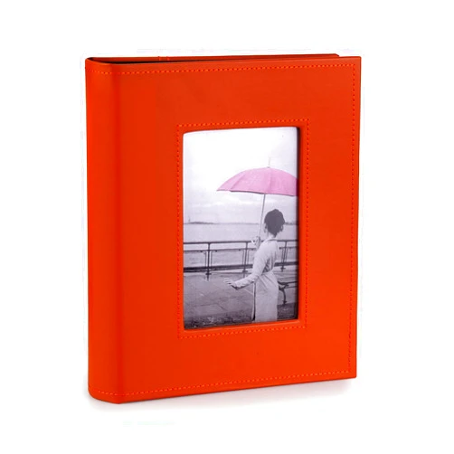 KVD KV.D Kleer Vu Photo Album, Leatherette Hand Crafted Collection, Holds 200 4x6 Photos 2 Per Page, with Large Frame Front Window on Cover (Orange Camel)
