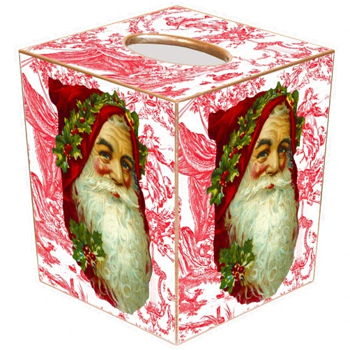 Marye-Kelley Christmas Tissue Box Cove-Santa Face on Red Toile