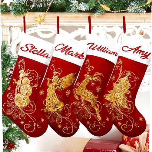 Roycraft Personalized Christmas Stockings 19 inches Custom Name Red Velvet Gold Sequins Christmas Stockings Fireplace Hanging Ornament for Family Decorations Holiday 2023 Xmas Gift