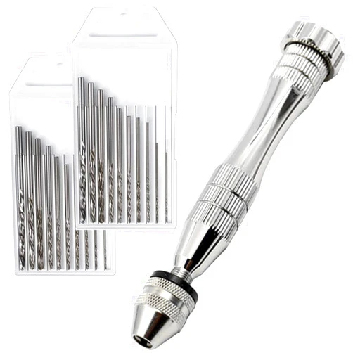 Kingforest Pin Vise Hand Drill for Resin Casting Molds, Steel Hand Drill with 20 PCS Drill Bits (0.8-3 mm), for Wood, Manual Work DIY, Jewelry, Assembling, Model Making（Silver）