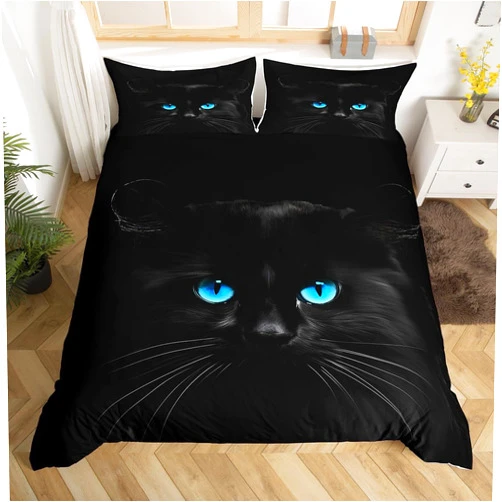 Erosebridal Dark Bedding Set Black Cat Duvet Cover Cat with Blue Eyes Pattern Bedspread 3 Pcs Bedding Sets with 2 Pillowcases, Ultra Soft Microfiber Animal Theme Comforter Set for Kids Boys Girls, Queen