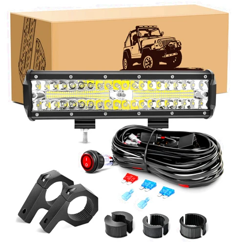 GOOACC 12Inch 300W Triple Row Led Light Bar Spot Flood Combo Off Road Lights Mounting Bracket Horizontal Bar Tube Clamp Led Lamp with Wiring Harness for Truck Golf Cart ATV UTV, 2 Years Warranty