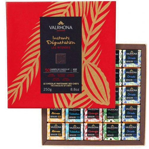 Valrhona Premium 50 Dark Chocolate Squares Gift Box - Abinao 85%, Tulakalum 75%, Guanaja 70%, Manjari 64%, Oriado 60%, Holiday Chocolate Gift, Gourmet French Chocolate, Individually Wrapped, Giftable