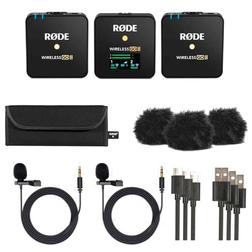 Rode RØDE Wireless Go II Dual Channel Wireless System with Built-in Microphones with Analogue and Digital USB Outputs, with 2X Transmitter, Bundle with 2X Turnstile Audio Lavalier Microphone