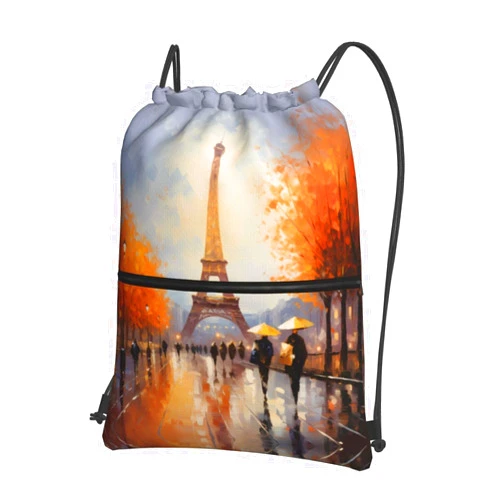 KINGNOYI Eiffel Tower Paris Painting Drawstring Backpack Bag For Gym Shopping Andsport Yoga