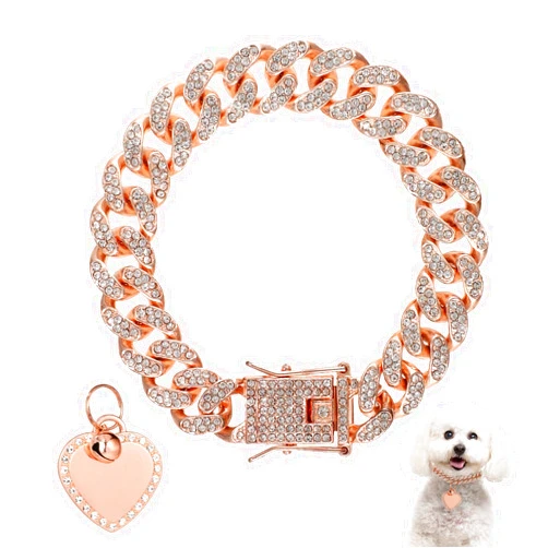 PEUTIER 7.87 Inch Dog Chain Collar, Rose Gold Diamond Collar Necklace with Heart Shape Dog Tag Rhinestones Heart Bling Dog Collar Pet ID Tag Chain for Small Medium Large Dogs Cats