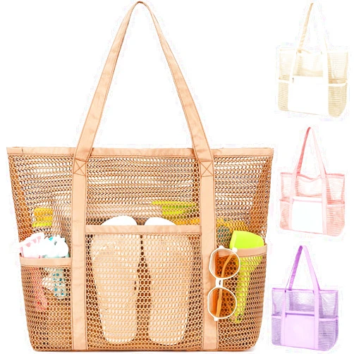 Fammart Mesh Beach Bag, Casual Womens Shoulder Handbag, Large Sandproof Beach Tote Bag for Pool/Travel/Vacation Essentials