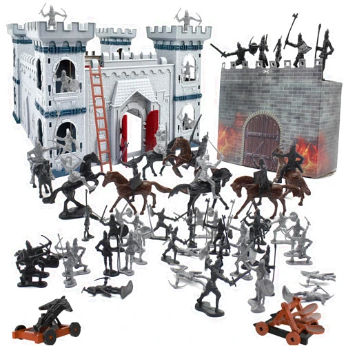 Plustopoy Medieval Castle Knight Toy Soldier Army Figurines, DIY Assembled Cavalry, Arrow Tower,8 Knights and 8 Horse, 36 Soldiers, Simulated Siege War of Attack Castle Toy for Boys