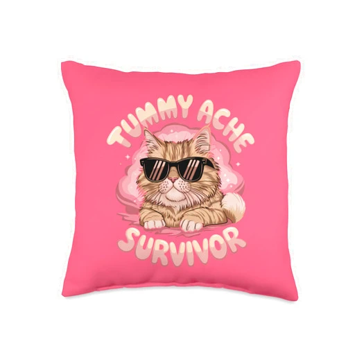 I Survived Tummy Ache Survivor My Tummy Hurts Joke Tummy Ache Survivor Funny Cat Meme Cat Joke Retro Throw Pillow