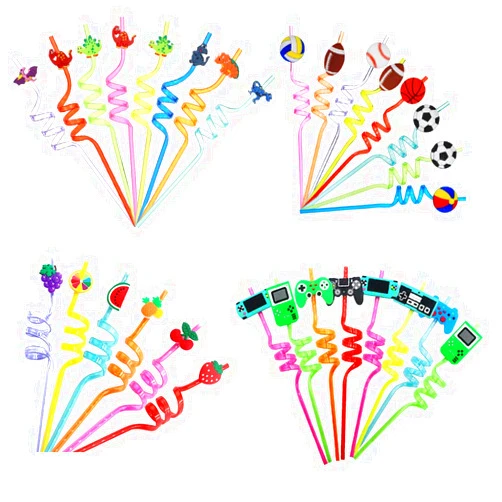 Fiyerna Pack of 30 Reusable Plastic Drinking Straws - Game Controller, Football, Dinosaur and Fruit Straws for Kids Girls Boys Birthday Party Supplies Baby Shower Decorations