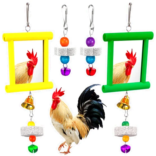 Sumind 2 Pieces Chicken Mirror Toys Hanging Swing Mirror with Bell Wooden Pecking Toy and 4 Pieces Beak Grinding Molar Stones for Hens Birds Parrots(Yellow,Green)
