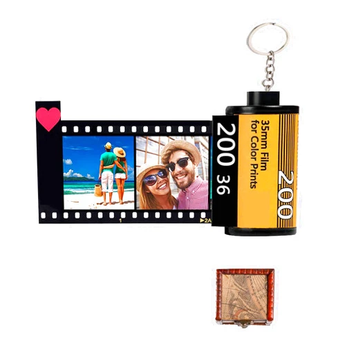 JINLIN Personalized Keychains with Colorful Picture - Camera Film Roll Key Rings Custom 10 Photo + Text Photo Reel Album with Wooden Gift Box, Great Christmas Birthday Gift
