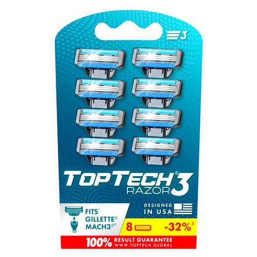 Toptech Razor 3 for Men - Replaceable Cartridges for Manual Shaving Razor, 3-Blade Technology Refills - 8 Count Pack - Fits Gillette Mach3 - Sharp Blades & Soft Shave