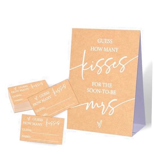 Zhminz Guess How Many Kisses Bridal Shower Game, Wedding Shower Games, Bachelorette Party Night, 1 Sign & 50 Cards Set