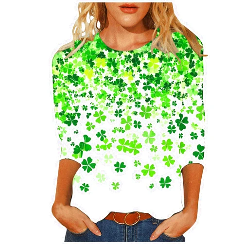 SMIDOW St Patty's Day Shirt Women 2025 Casual Plus Size 3/4 Sleeve Irish Clover Shirts Funny Saint Patrick's Tunic Tops