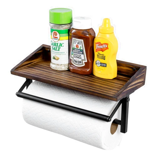 MyGift Wall Mounted Matte Black Metal Paper Towel Roll Holder with Rustic Burnt Solid Wood Display Shelf, 2-in-One Kitchen Hanging Dispenser for Disposable Hand Towels