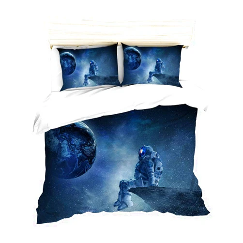 URLINENS Galaxy Duvet Cover Set Twin 3 Piece, Astronaut Spaceman Sitting on Rock Edge Watches The Earth Space Adventure Decorative Bedding Set with 2 Pillowcases for Kids Boys Girls, Blue