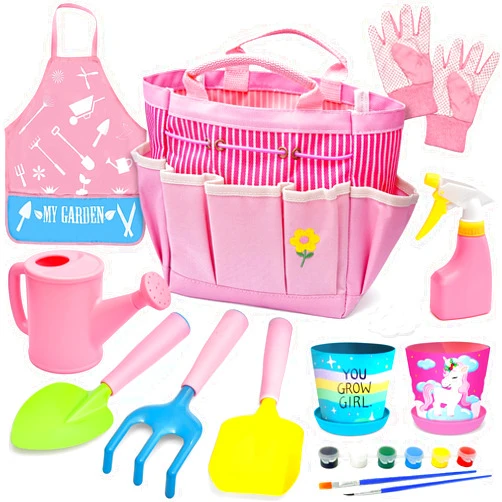 Mjzwbf Kids Gardening Tools Set Outdoor Toys Garden STEM Tote Bag Trowel Shovel Hand Rake Watering Can Plant Pots Sprayer Gloves Apron Painting Gift for Boy Girls Toddler