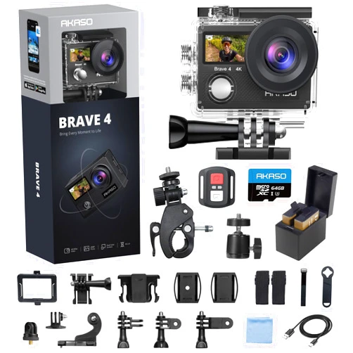 AKASO Brave 4 Action Camera 4K 30fps with 64GB MicroSD U3 Card Bicycle Helmet Accessories Kit Bundle, 20MP Ultra HD 131FT Waterproof Underwater Camera EIS WiFi Remote Control 5X Zoom Sport Cameras