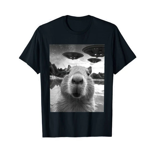 CAT Funny Graphic Tee Capybara Selfie with UFOs Weird T-Shirt