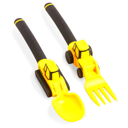 Dinneractive Utensil Set for Kids – Construction Themed Toddler Forks and Spoons, Toddler Utensils – 2-Piece Set – Yellow Construction Utensils For Toddlers - Loader & Tractor Toddler Spoons and Forks