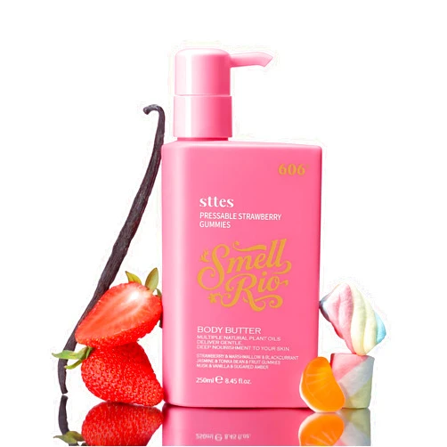 Sttes Smell Rio Body Butter 606# (Pressable Strawberry Gummies) – Whipped Non-Greasy Body Cream with Strawberry Marshmallow & Blackcurrant Candy Scent, Jojoba & Coconut Oil, Caffeine Hydrating Lotion