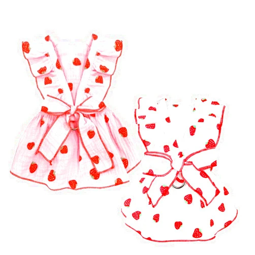 Anelekor 2 Pack Strawberry Dog dresses with D-ring Summer Puppy Clothes for Small Dog Girl Spring Cat Outfit Cotton Sleeveless Pet Dress for Kitten Chihuahua Pomeranian Yorkie (Pink White, Medium)