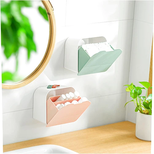MORNITE Wall Organizer Box Jar, Bathroom Vanity Storage Canister Holder for Cotton Swabs,Balls,Makeup Pads,Sponges,Bath Salts,Sanitary Napkins, Kitchen Office Bedroom Washroom,Pink