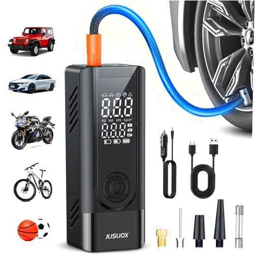 JUSUOX Tire Inflator Portable Air Compressor, 150PSI Cordless Air Pump for Car Tires, Battery & 12V DC Dual Power Electric Bike Tire Pump with Digital Pressure Gauge, LED Light, for Motorcycle, Ball