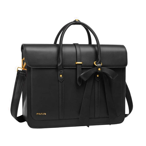 MOSISO Laptop Bag for Women, 15-15.6 inch PU Leather Laptop Shoulder Bag Convertible Backpack, 16 inch Messenger Bag Casual Handbag Work Briefcase Travel Computer Bag with Bowknot, Black