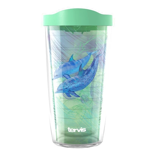 Tervis Guy Harvey - Living Reef Collection Made in USA Double Walled Insulated Tumbler Travel Cup Keeps Drinks Cold & Hot, 16oz, Dolphins
