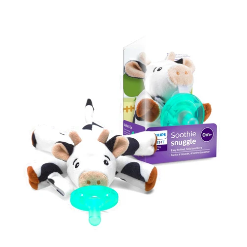 Philips Avent Soothie Snuggle Pacifier Holder with Detachable Pacifier, 0m+, Cow, SCF347/05