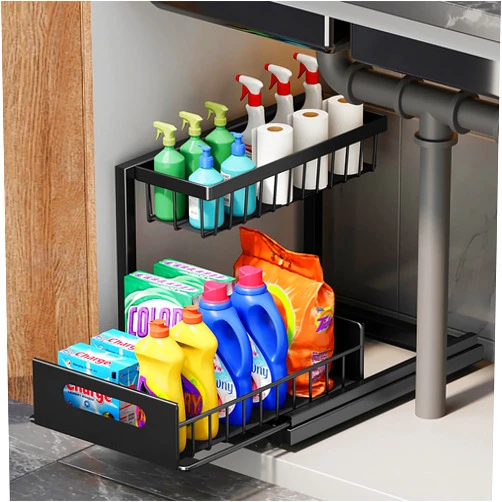 Ktinnead Under Sink Organizer, 2 Tier Metal Pull Out Under Sink Organizers and Storage with Sliding Drawer, Sliding Cabinet Organizer Under Sink Organizer for Kitchen Bathroom Luandry Cabinet,Black