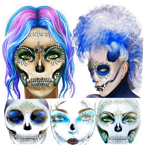 LEOARS Day of the Dead Face Jewels Tattoo, Jack-O-Lantern Temporary Face Tattoos, Rhinestone Face Jewels Tattoo Stickers for Men Women Kids Halloween Festival Rave Party Cosplay Makeup