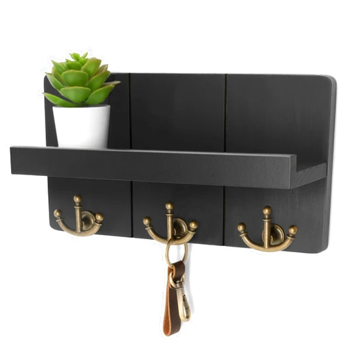 Rebee Vision Decorative Key and Mail Holder for Wall: Farmhouse Mail Organizer with Floating Shelf and 3 Anchor Key Hooks - Rustic Key Hanger for Farmhouse Entryway Decor (Modern Black)